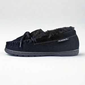 Bearpaw Moc II Slippers Womens 6 Black Suede Faux Fur NeverWet Moccasins Shoes